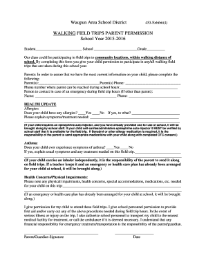 Walking Field Trip Permission Slip - Waupun Area School District