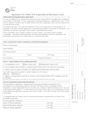New York Public Library Organizational Borrower's Card Application