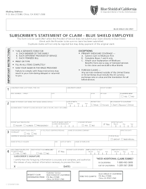 Subscriber's Statement of Claim - Blue Shield Employee