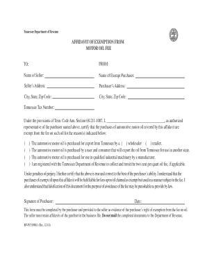 Tennessee Motor Oil Fee Exemption Affidavit