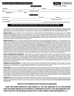 Disney Sports Waiver and Permission Form (Minor)