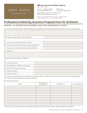Professional Indemnity Insurance Proposal Form for Architects