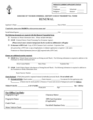 Diocese of Tucson Criminal History Check Transmittal Form