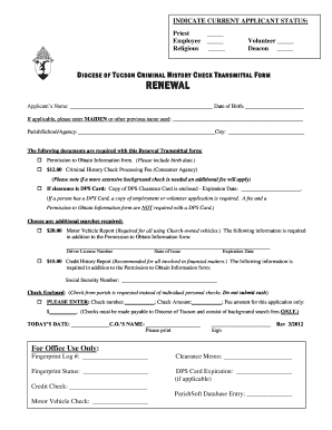 Diocese of Tucson Criminal History Check Transmittal Form