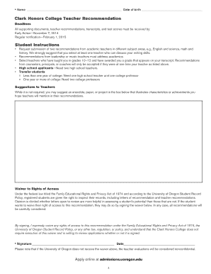 Clark Honors College Teacher Recommendation Form