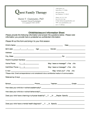 Child Adolescent Information Sheet