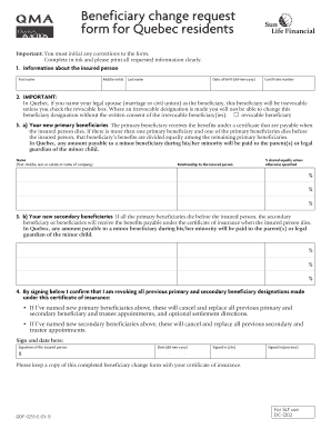Beneficiary Change Request Form for Quebec Residents