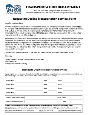 Request to Decline Transportation Services Form