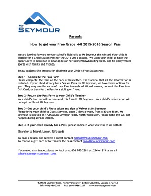 Grade 4-8 Ski Season Pass Form
