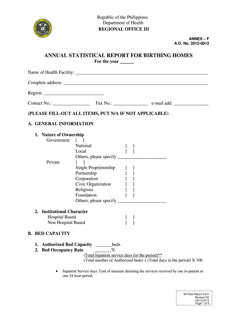 Annual statistical report for birthing homes - DOH Central Luzon Preview on Page 1
