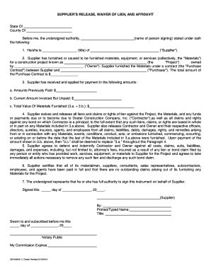 Supplier's Release, Waiver of Lien, and Affidavit