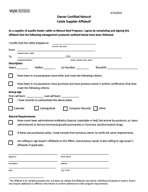 Owner Certified Natural Cattle Supplier Affidavit