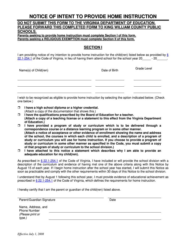 notice of intent to homeschool virginia Preview on Page 1