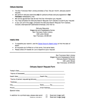San Francisco Obituary Search Request Form