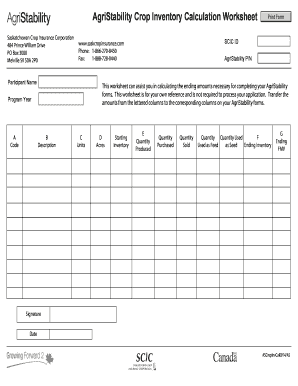 AgriStability Crop Inventory Calculation Worksheet - Saskatchewan