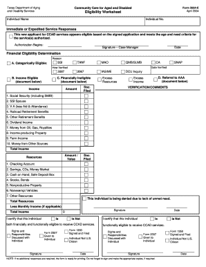 Texas CCAD Services Eligibility Worksheet