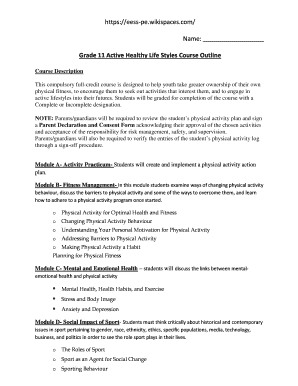 Grade 11 Active Healthy Lifestyles Course Outline