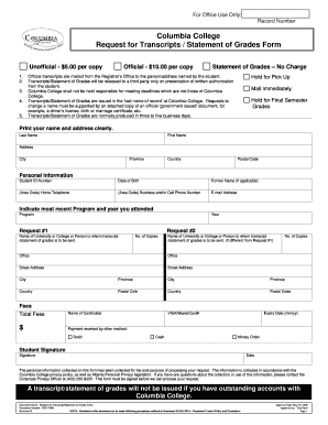 Columbia College Transcript Request Form