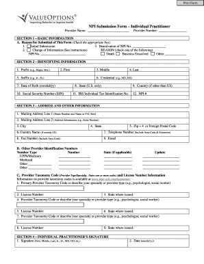 NPI Submission Form – Individual Practitioner