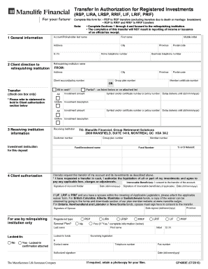 Transfer In Authorization for Registered Investments