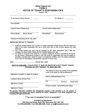 Notice of Tenant's Responsibilities Form K