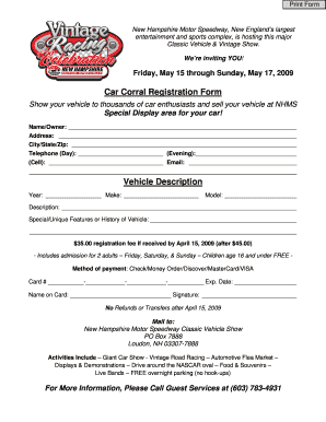 New Hampshire Motor Speedway Car Corral Registration Form