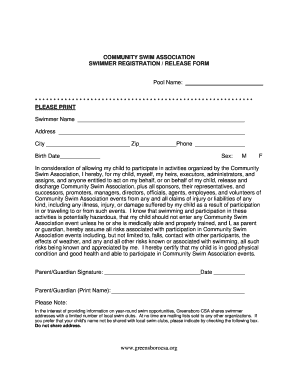 Community Swim Association Swimmer Registration Release Form