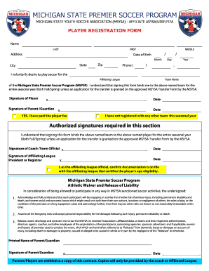 Michigan State Premier Soccer Program Player Registration Form