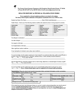 Health history physical examination form - The Putney School