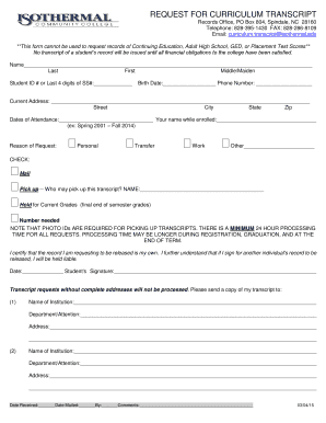Curriculum Transcript Request Form