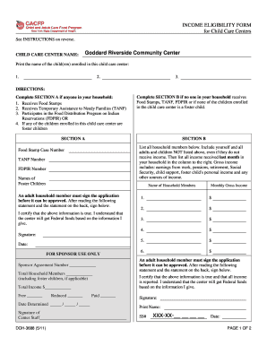 Income Eligibility Form for Child Care Centers