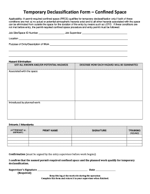 Temporary Declassification Form – Confined Space