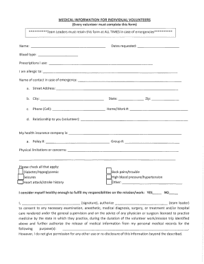 Medical Information and Liability Release Form for Volunteers