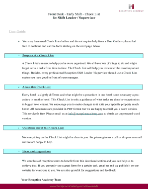 Front Desk Early Shift Checklist