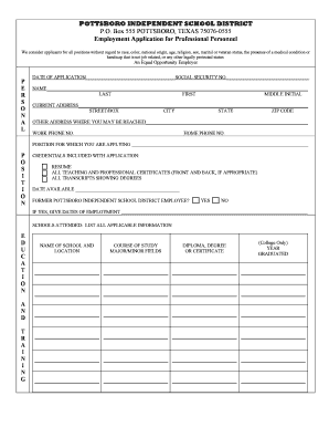 Texas Employment Application for Professional Personnel
