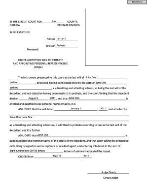 Order Admitting Will to Probate and Appointing Personal Representative