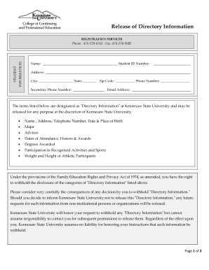 Kennesaw State University Directory Information Release Form