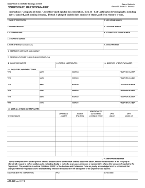 California Corporate Questionnaire for ABC License