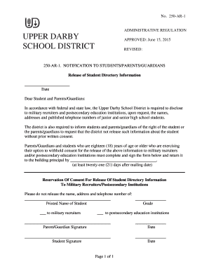Upper Darby Student Directory Information Release Consent