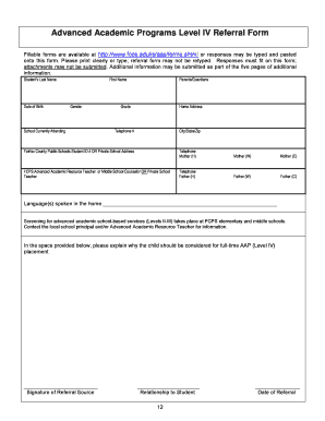 Advanced Academic Programs Level IV Referral Form