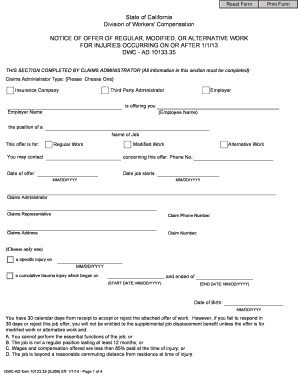 California Notice of Offer of Regular, Modified, or Alternative Work