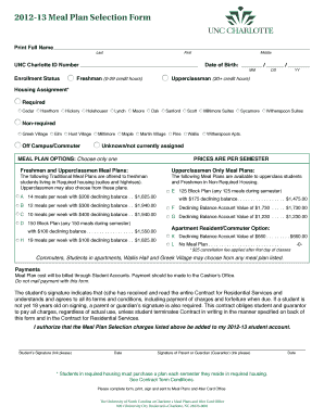 UNC Charlotte Meal Plan Selection Form