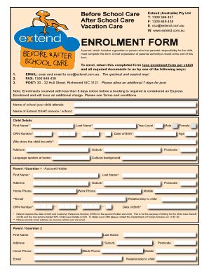 Extend Australia Child Care Enrolment Form