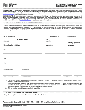 National Bank MasterCard Balance Transfer Authorization