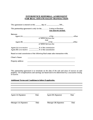 Interoffice Referral Agreement for Real Estate Sales
