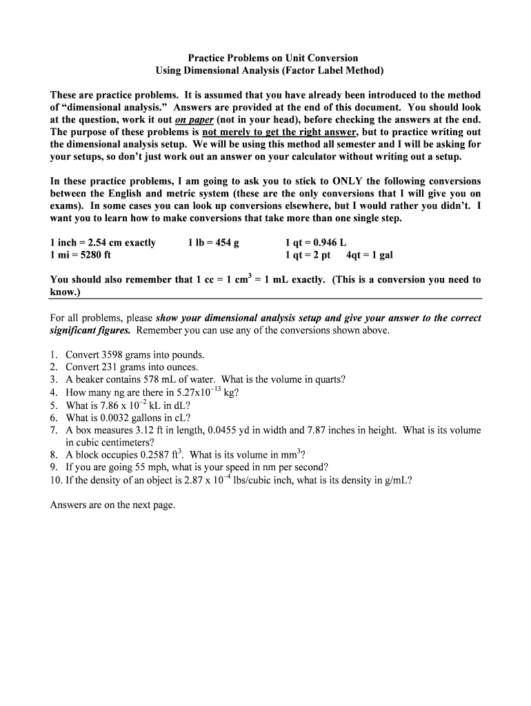 Fillable Online Practice Problems on Unit Conversion Fax Email Print ...