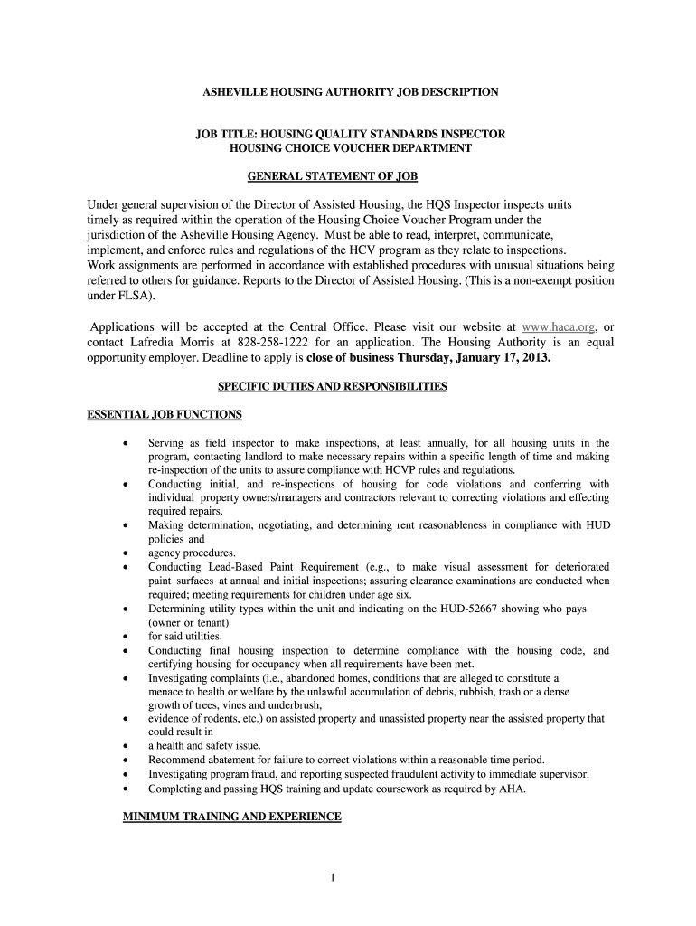 Fillable Online ASHEVILLE HOUSING AUTHORITY JOB DESCRIPTION Fax Email