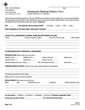 Adolescent Medical History Form