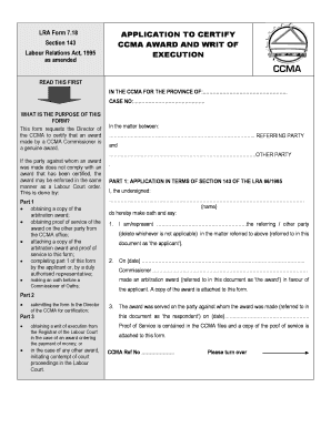Application to Certify CCMA Award and Writ of Execution