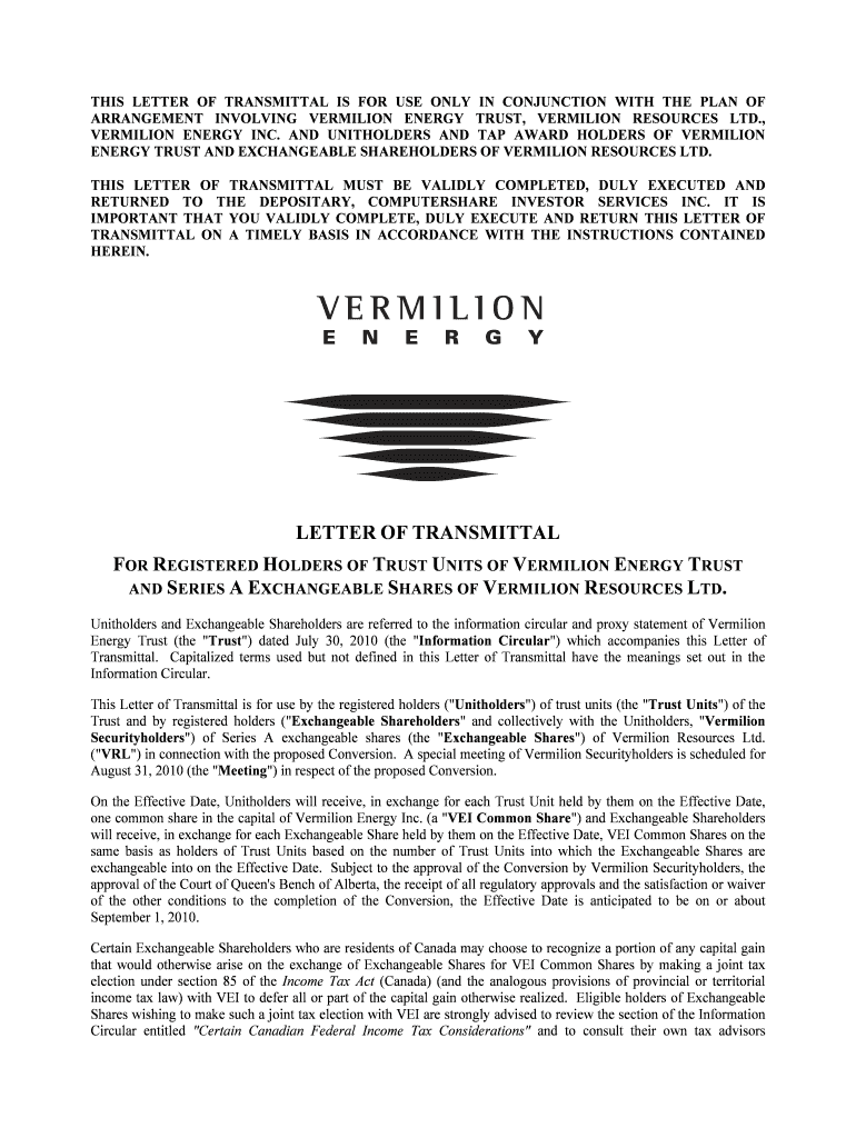 Letter of Transmittal for Vermilion Energy Trust Conversion - Blank ...